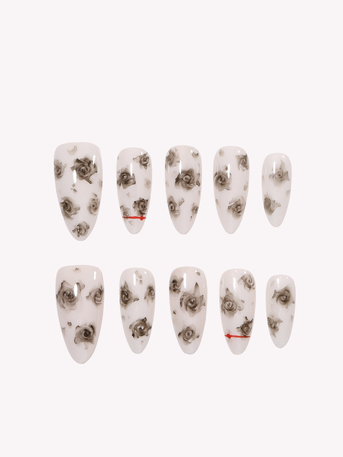 Noir Rose hand-painted black floral Medium Almond press-on nails