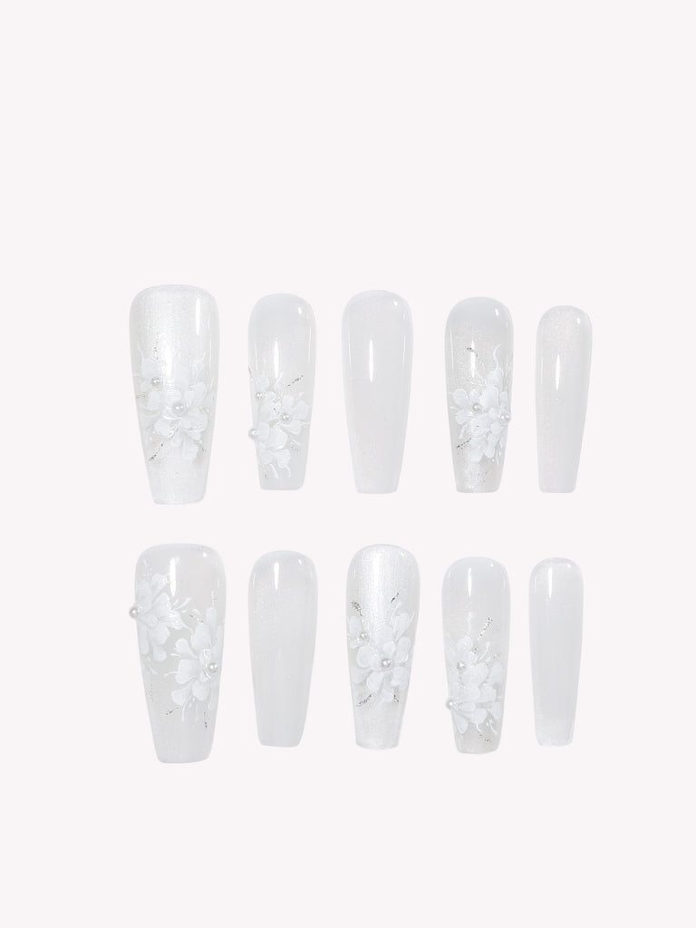 Pearl Bloom hand-painted white floral Long Coffin press-on nails