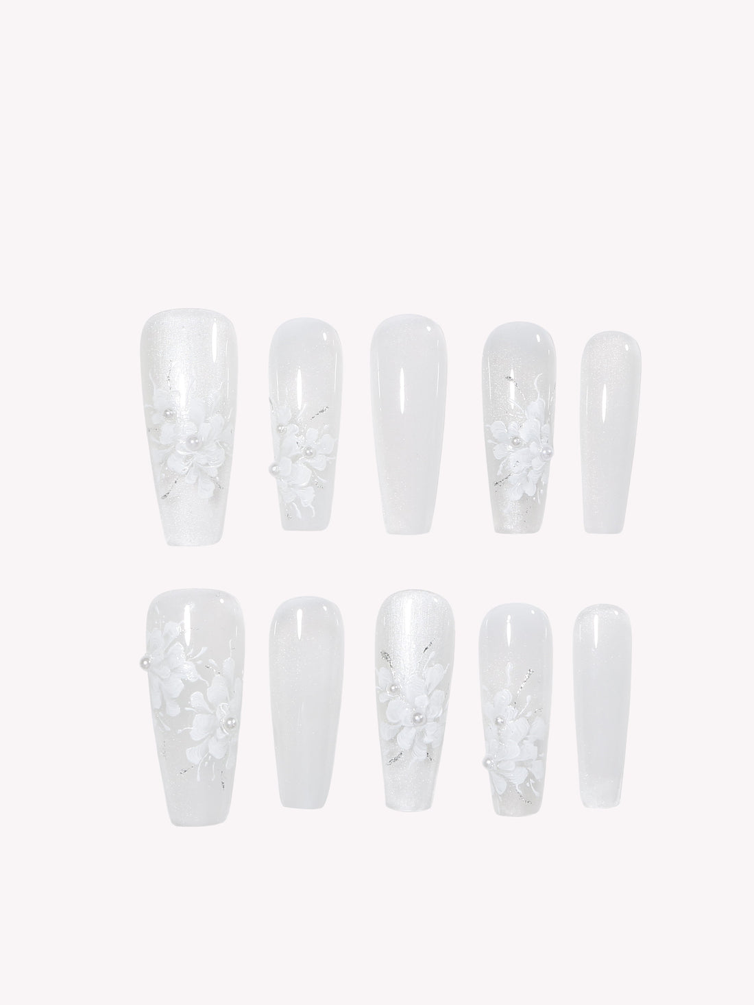 Pearl Bloom hand-painted white floral Long Coffin press-on nails