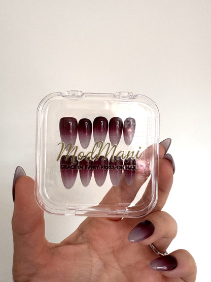 Cherry Mocha Medium Almond press-on nails in ModMani clear case