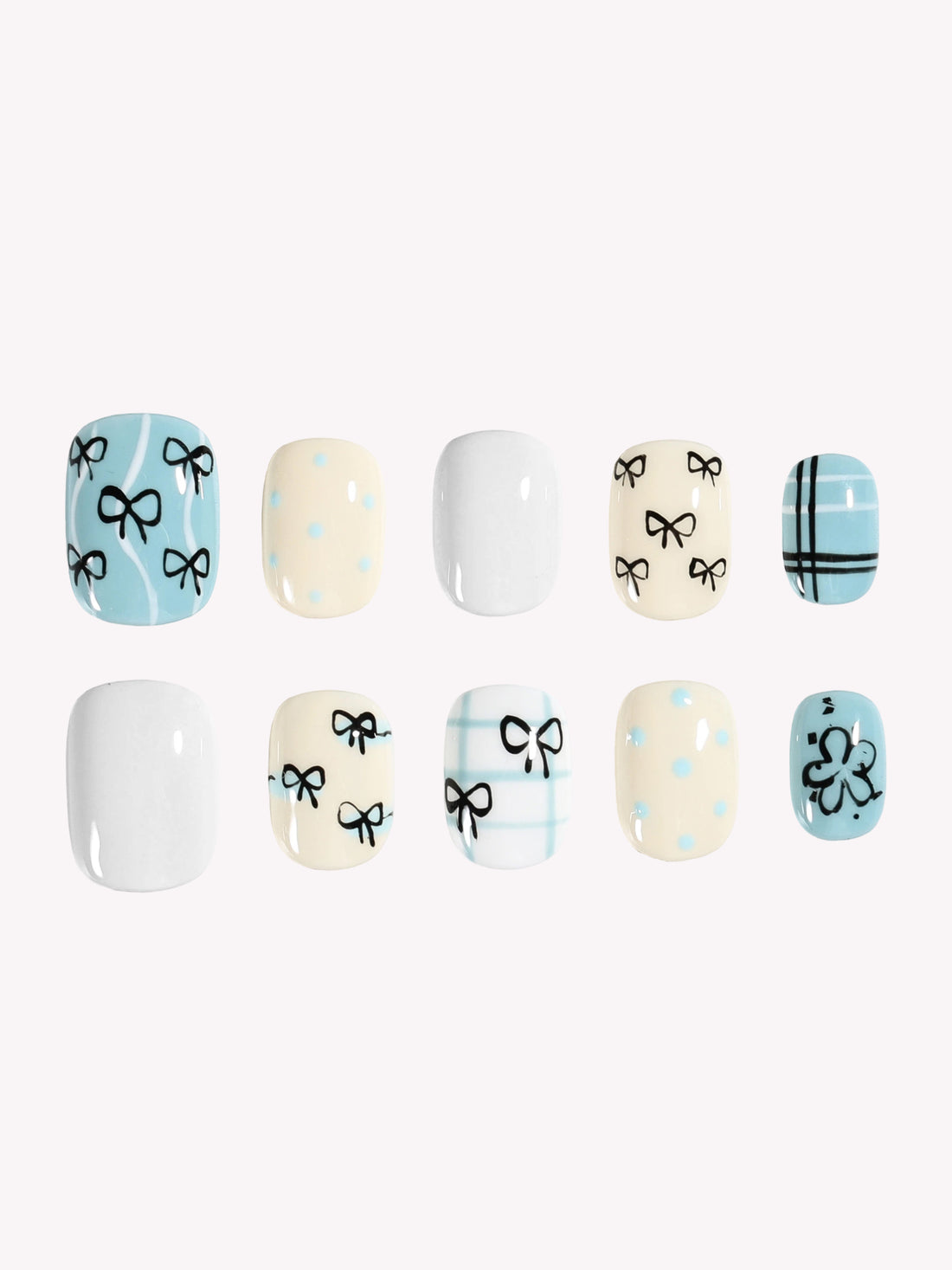 Petite Ribbon blue cream and white Extra Short Squoval press-on nails by ModMani