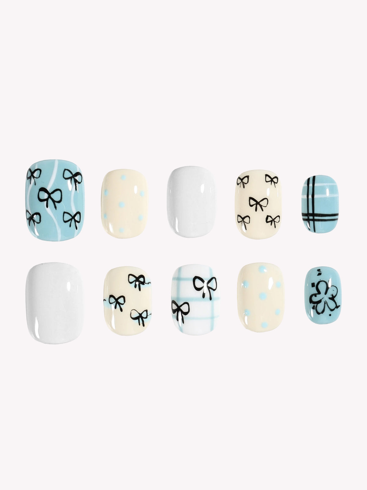 Petite Ribbon blue cream and white Extra Short Squoval press-on nails by ModMani