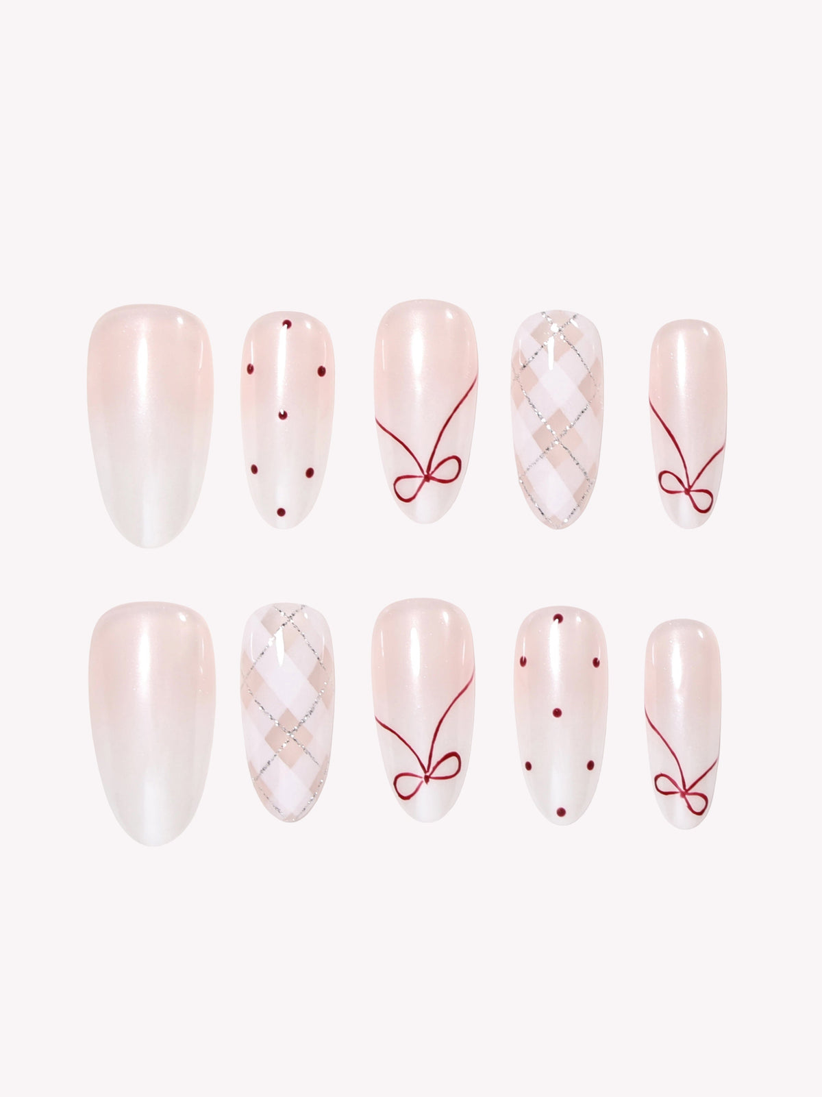 Coquette Berry pearly white Medium Oval press-on nails with berry red bows and argyle details
