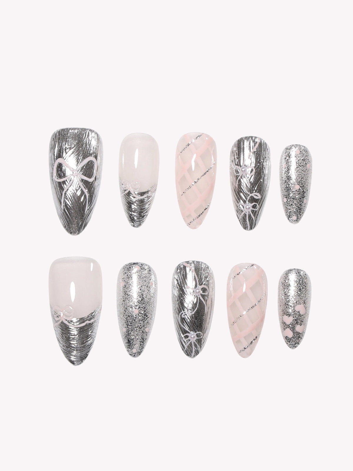 Close-up of Chrome Ribbon silver bow press-on nails