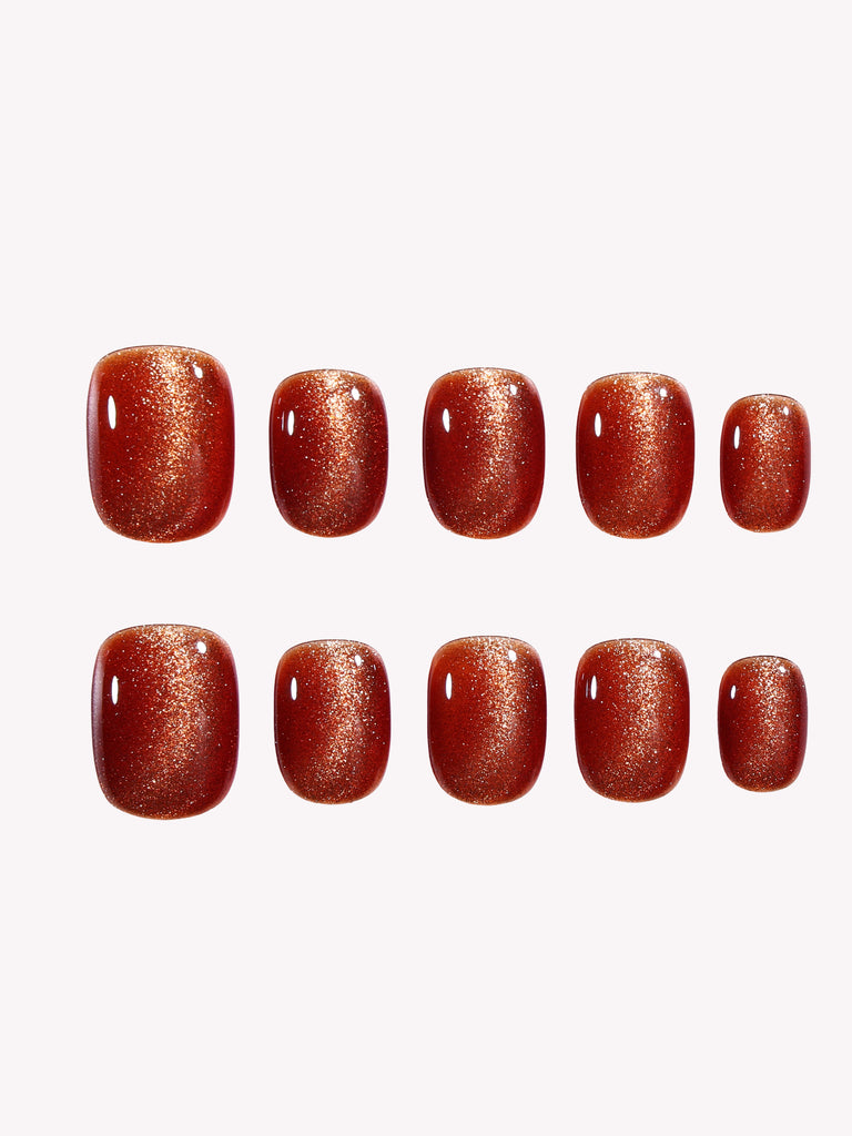Maple Glaze amber red cat eye press on nails