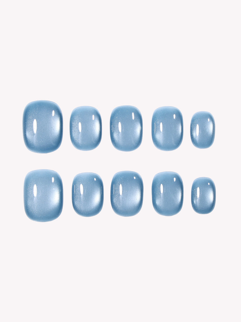 Misty Ocean blue grey cat eye press on nails