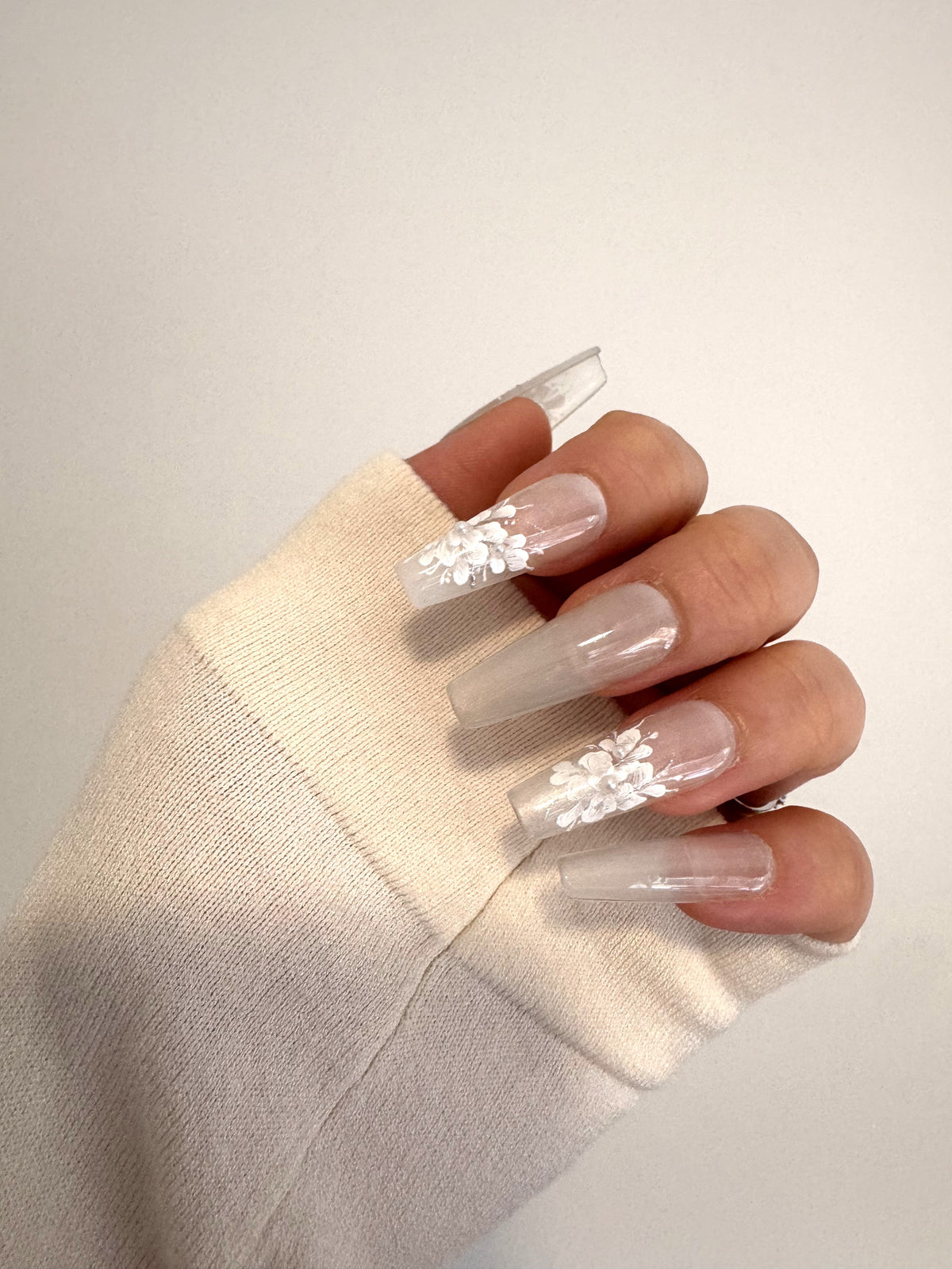 Pearl Bloom Long Coffin press-on nails from The Artisan Studio